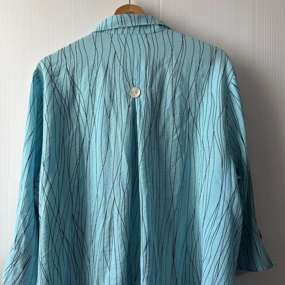Ali Miles PXL Women’s Turquoise Abstract Stripe Button Front 3/4 Sleeve Blouse